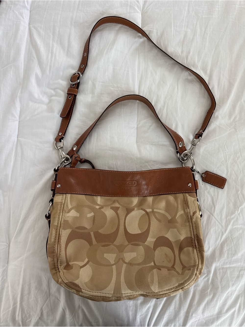 Coach Beige Tan Signature Canvas Shoulder Bag with Brown Leather Trim